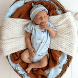 Taking Flight airplane print organic cotton bodysuit front view