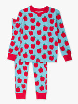 Apple Print Toddler Pajama Set Cotton Modal Blue - Flat Lay Top and Pants Display