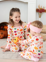 SoftSnooze™ Toddler Bamboo Viscose Fall Treats Ruffle Long Sleeve Pajama Set with Signature Rear Ruffles by RuffleButts + RuggedButts - Detail View