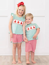 Detail view of red and green striped shorts from Watermelon Stripes Smocked Cotton Outfit for toddler boys