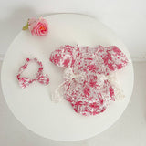 Pink Rose Print Baby Girl Romper with Matching Headband by Rylee Faith Designs - Front View