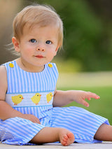 Spring and Summer Baby Chick Embroidery Blue Boy Romper by Rylee Faith Designs - Detail View - Easter Baby Clothing
