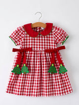 Girls' Red Plaid Christmas Dress with Tree Bow Accents by Rylee Faith Designs - Front View