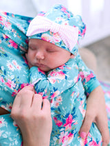 Pink Blossom Bamboo Gown & Bow Beanie Set | Newborn by RuffleButts + RuggedButts - Flat Lay - Newborn Baby Clothing