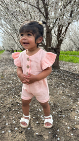 Lucy Soft Sherbert Organic Muslin Cap-Sleeve Romper - Front View by Mimi & Me
