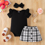 3-PIECE BLACK ROMPER TWEED SKIRT & HEADBAND SET - Front View