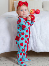 Apple Print Ruffled Baby Sleeper Cotton Modal Blue - Front View Footed Design