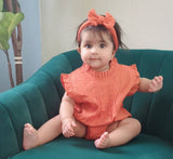 Daphne Coral Organic Linen Blend Romper - Front View by Mimi & Me