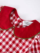 Girls' Red Plaid Christmas Dress with Tree Bow Accents by Rylee Faith Designs - Detail View