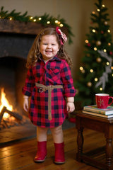 Red & Black Checkered Christmas Girls' Dress with Belt by luluclothes - Front View