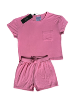 Bamboo Bubblegum Pink Ribbed Toddler Lounge Short Set by The Honey and Bro Co. - Back View