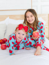 Apple Print Ruffled Baby Sleeper Cotton Modal Blue - Detail View Soft Fabric Pattern