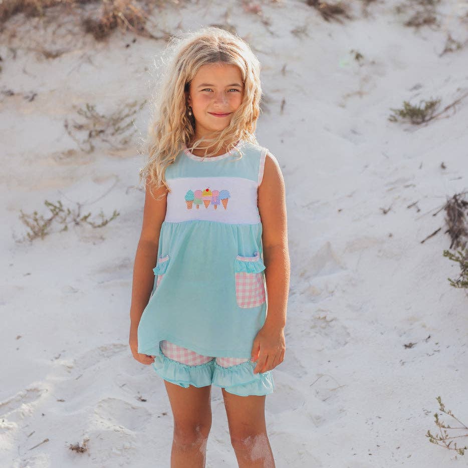 Pastel Ice Cream Gingham Short Set - Embroidered Ice Cream Detail