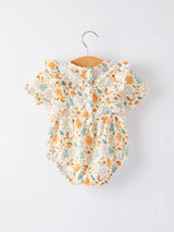 Autumn Floral Smocked Bubble Romper - Back View Showing Button Closure - Rylee Faith Designs