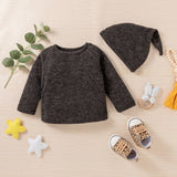 3pcs Solid Ribbed Long-sleeve and Trouser Set by PatPat - Flat Lay