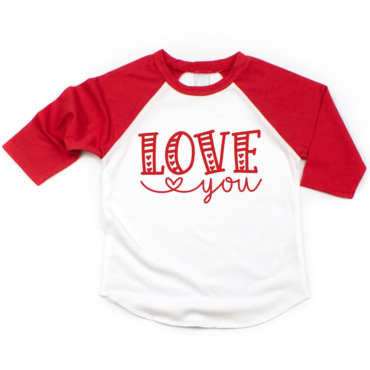 Pink Love You Valentine's Raglan | Girls Shirt by The Honey and Bro Co. - Front View