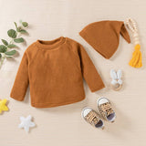 3pcs Solid Ribbed Long-sleeve and Trouser Set by PatPat - Styled View
