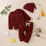 3pcs Solid Ribbed Long-sleeve and Trouser Set by PatPat - Back View