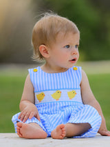 Spring and Summer Baby Chick Embroidery Blue Boy Romper by Rylee Faith Designs - Close-Up - Easter Baby Clothing