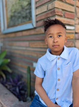 Henry Arctic Blue Organic Muslin Button-Up Shirt - Front View by Mimi & Me