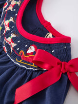 Baby Girl Christmas Romper – Navy Santa Sleigh Holiday Outfit by Rylee Faith Designs - Detail View