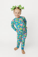 Flower and Lime Bamboo Two-Piece Pajama Set - Front View on Toddler - Blue Tropical Lime and Floral Print