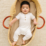 Bamboo Henley Romper - Back View Showing Purple Bamboo Fabric