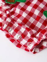 Baby Girls Christmas Outfit – Vibrant Red Plaid Romper with Festive Tree Bow Accents by Rylee Faith Designs - Lifestyle View