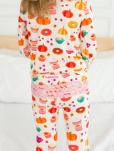 SoftSnooze™ Toddler Bamboo Viscose Fall Treats Ruffle Long Sleeve Pajama Set with Signature Rear Ruffles by RuffleButts + RuggedButts - Front View