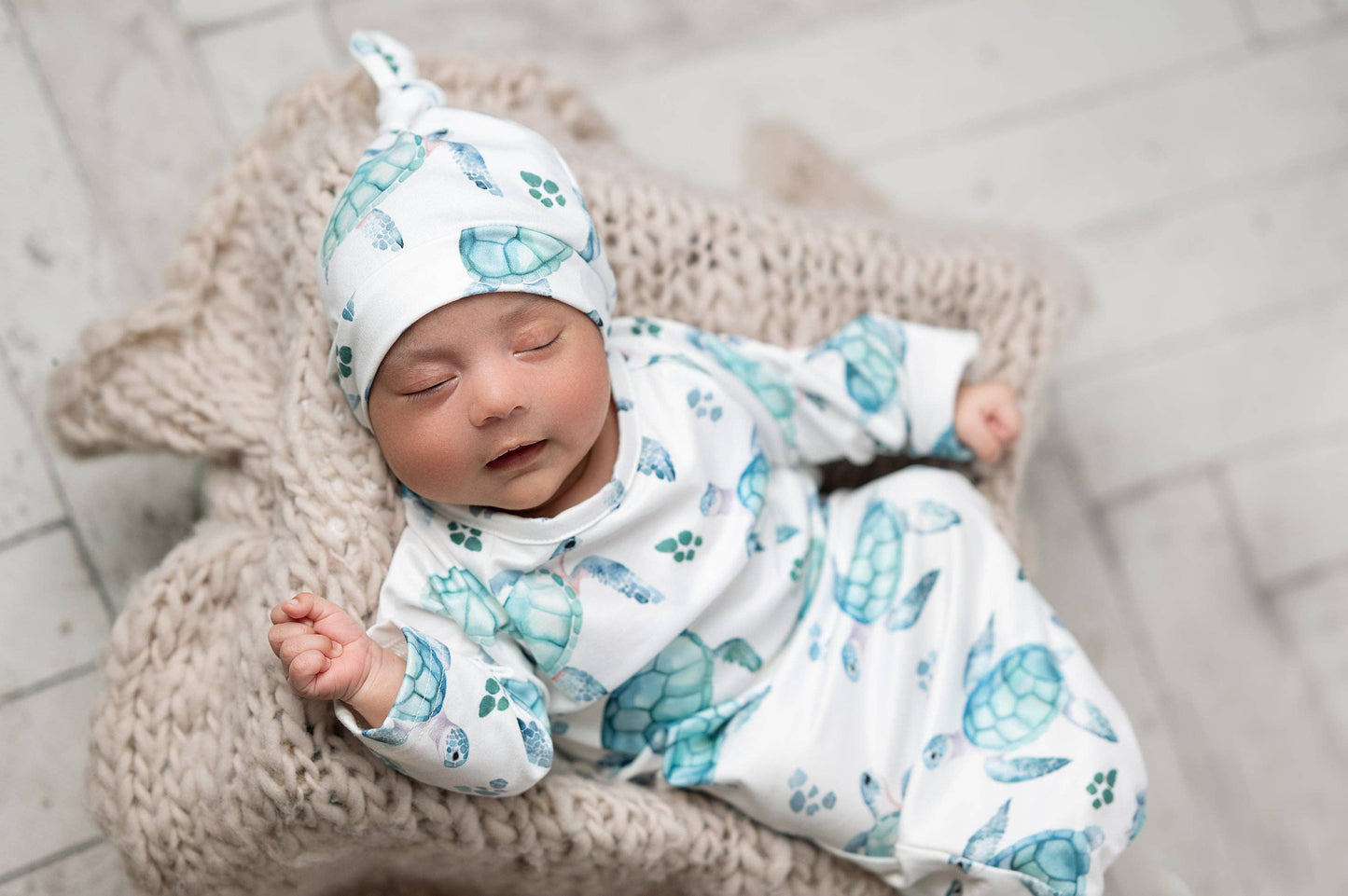 Sea Turtle Baby Gown and Hat Set | Infant Unisex by Adorable Sweetness - Front View