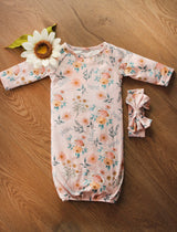Pink Botanical Baby Gown and Bow Headband | Infant Girls by Adorable Sweetness - Detail View