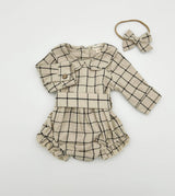 Plaid Cotton Romper & Bow Set - Front View by Olive & Cradle