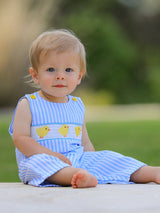 Spring and Summer Baby Chick Embroidery Blue Boy Romper by Rylee Faith Designs - Lifestyle View - Easter Baby Clothing