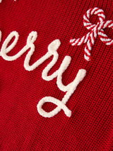 Girls' Red "Merry" Christmas Pullover Sweater - Festive Winter Holiday Knit for Kids by Rylee Faith Designs - Flat Lay