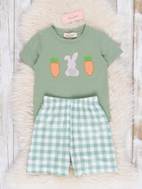 Gingham Carrot Patch Embroidered Boy Shorts Set by Marie Nicole Clothing - Lifestyle View - Easter Baby Clothing