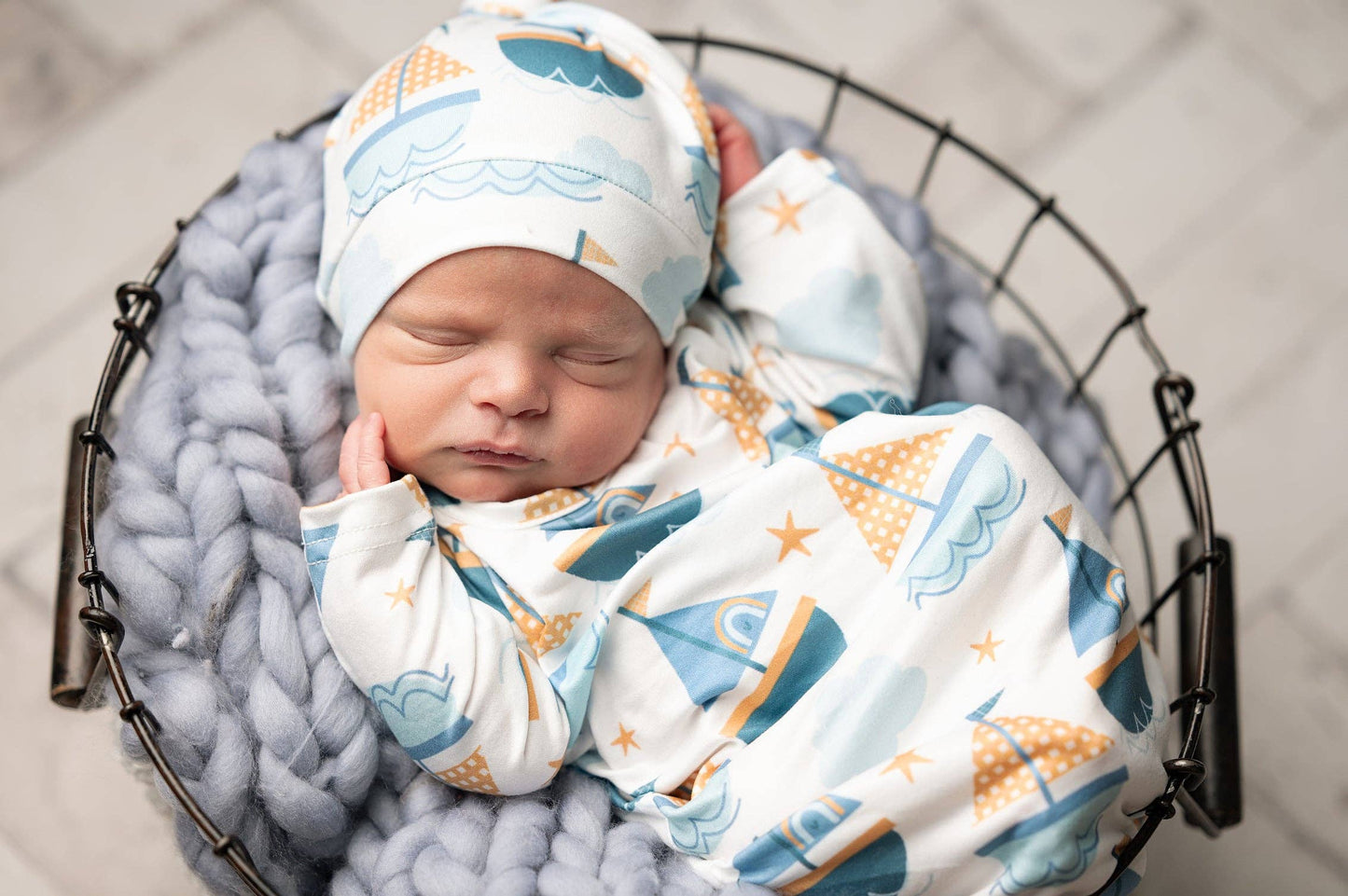Blue Sail Boat Baby Gown and Hat Set | Infant Unisex by Adorable Sweetness - Front View