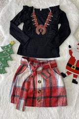 Black Knit Cotton Top & Flannel Plaid Skirt Toddler Set by luluclothes - Back View