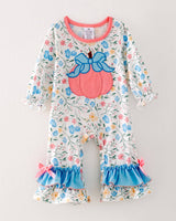 Halloween Baby Girls Ruffle Pumpkin Applique & Floral Print Romper by The Honey and Bro Co. - Back View