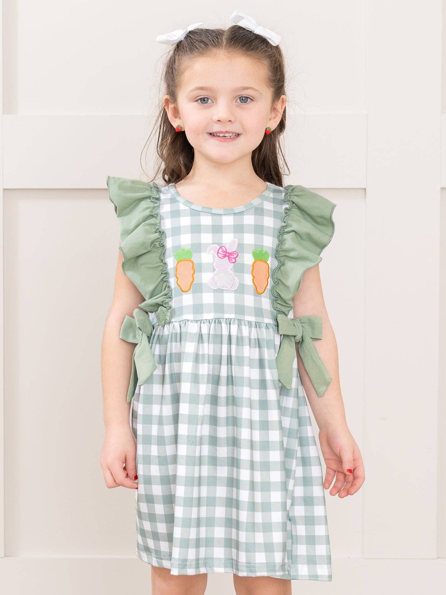 Gingham Carrot Patch Embroidered Baby Girl Dress by Marie Nicole Clothing - Front View - Easter Baby Clothing