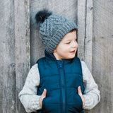 Grey Pop Pom Pom Beanie Hat by Huggalugs - Detail View