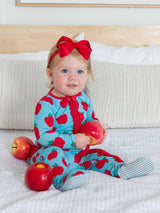 Apple Print Ruffled Baby Sleeper Cotton Modal Blue - Side View Full Length Zipper