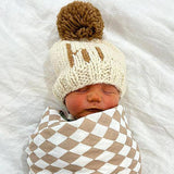 Hi. Pecan Hand Knit Beanie Hat by Huggalugs - Side View