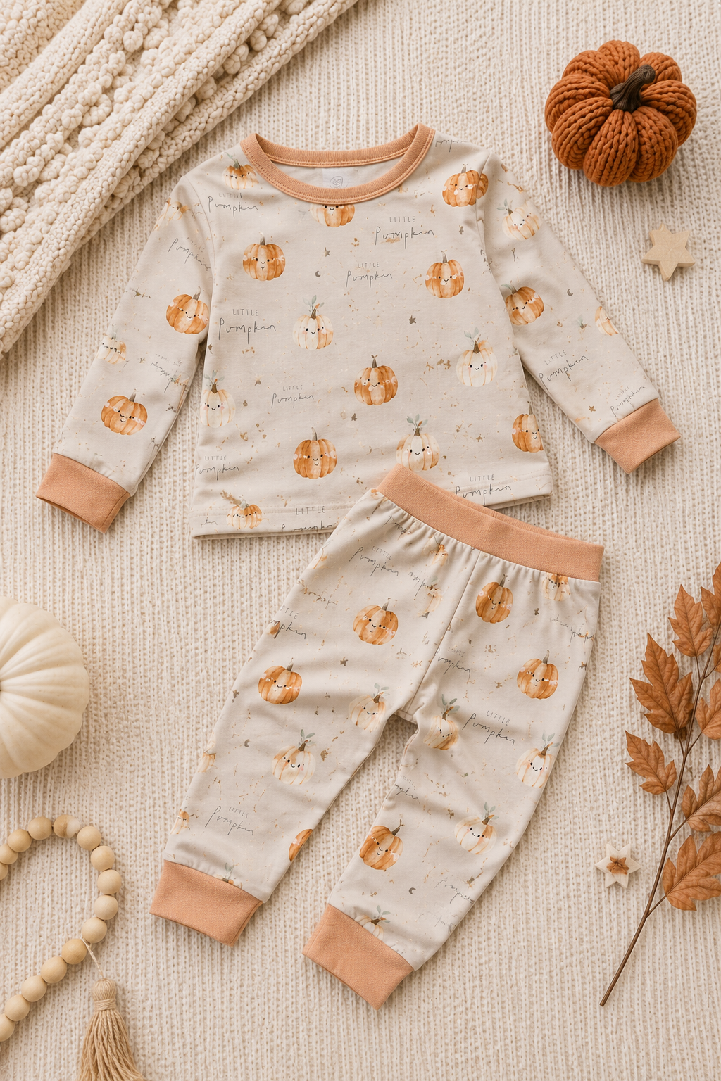 Little Pumpkin Zinza toddler two-piece pajama set by The Honey and Bro Co.