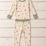 Desert Dawn Long Sleeve Pajamas by The Honey and Bro Co. - Bamboo pajama set flat lay with sage trim and cactus sunrise print