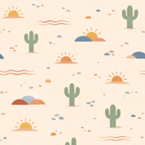 Desert Dawn bamboo pajama print close-up with sage cacti, suns, desert hills, pebbles, and wavy lines