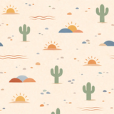 Desert Dawn bamboo pajama print close-up with sage cacti, suns, desert hills, pebbles, and wavy lines