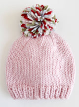 Pink Hand-knit Baby Beanie | Multicolor POM POM by The Honey and Bro Co. - Detail View