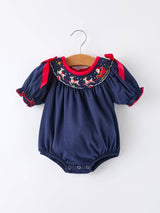 Baby Girl Christmas Romper – Navy Santa Sleigh Holiday Outfit by Rylee Faith Designs - Front View