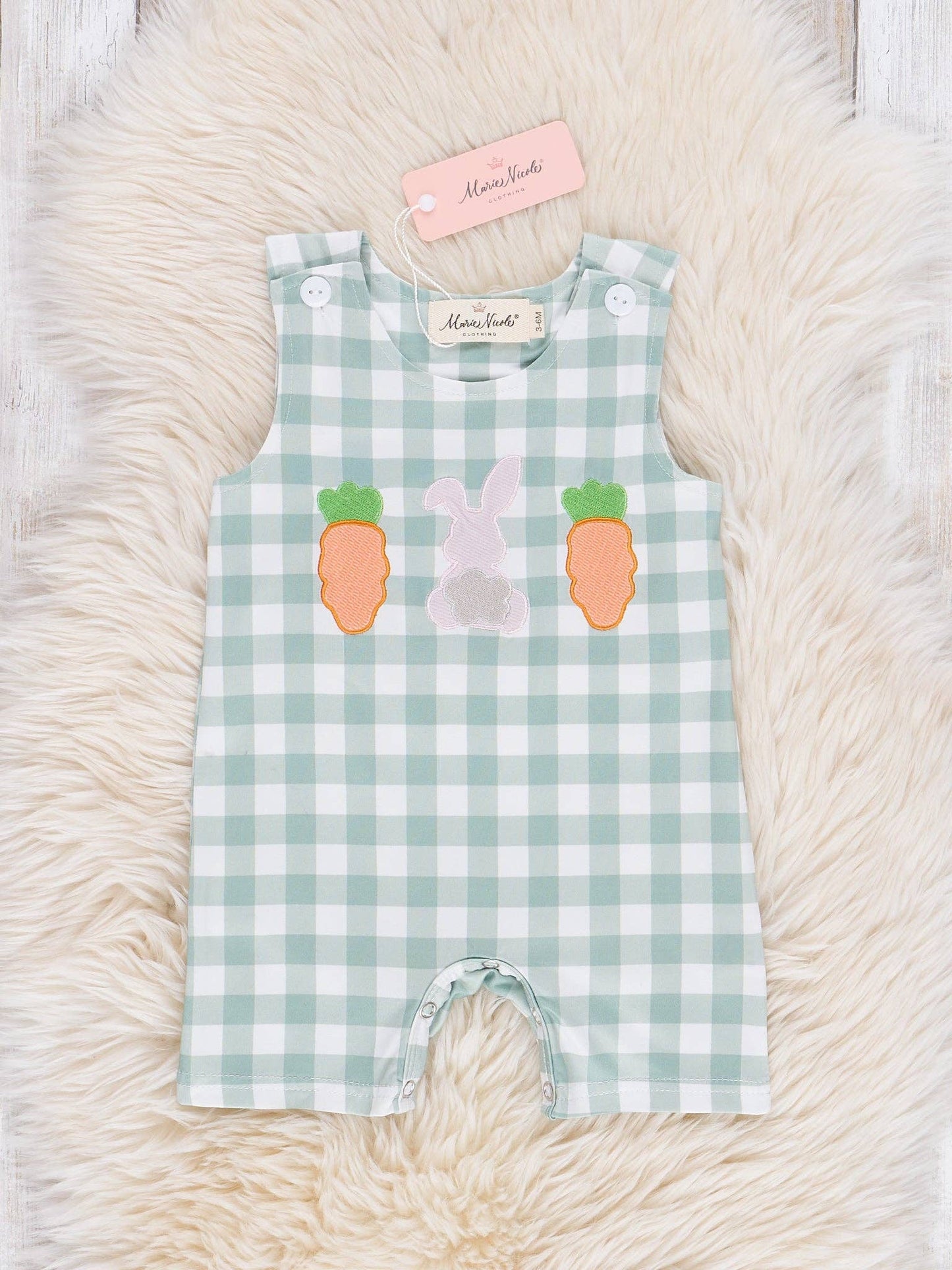Gingham Carrot Patch Embroidered Baby Boy Johnny by Marie Nicole Clothing - Front View - Easter Baby Clothing