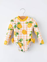 Lemon Print Long Sleeve Girls One Piece Swimsuit by Rylee Faith Designs - Front View